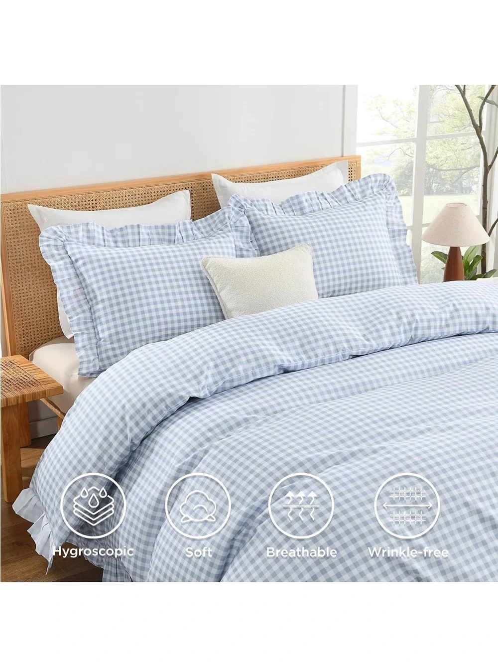 NEW Andency Blue Gingham 3-piece Duvet Cover King, Ruffle Shabby Chic